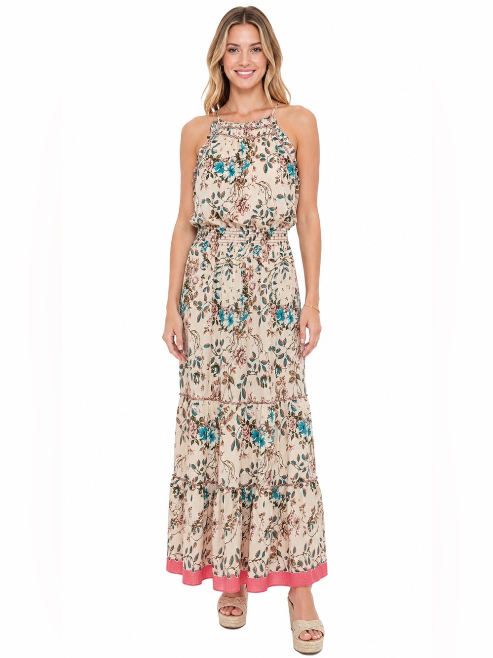MAX STUDIO NWT Floral Georgette Maxi Dress Tiered Halter Cream Blush Size XL